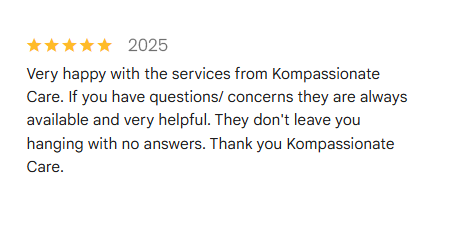 Five-star Google review for Kompassionate Care Services praising support for caregivers and clients.